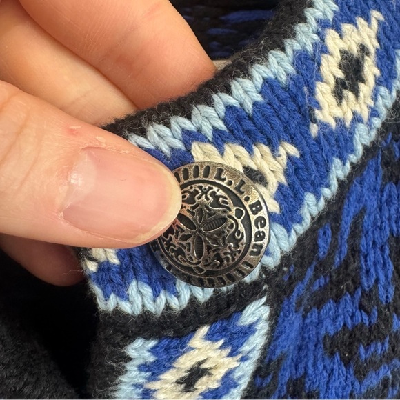 L.L. Bean Cardigan Sweater Blue Norwegian Fair Isle Cotton Snowflake Nordic L - Picture 6 of 8